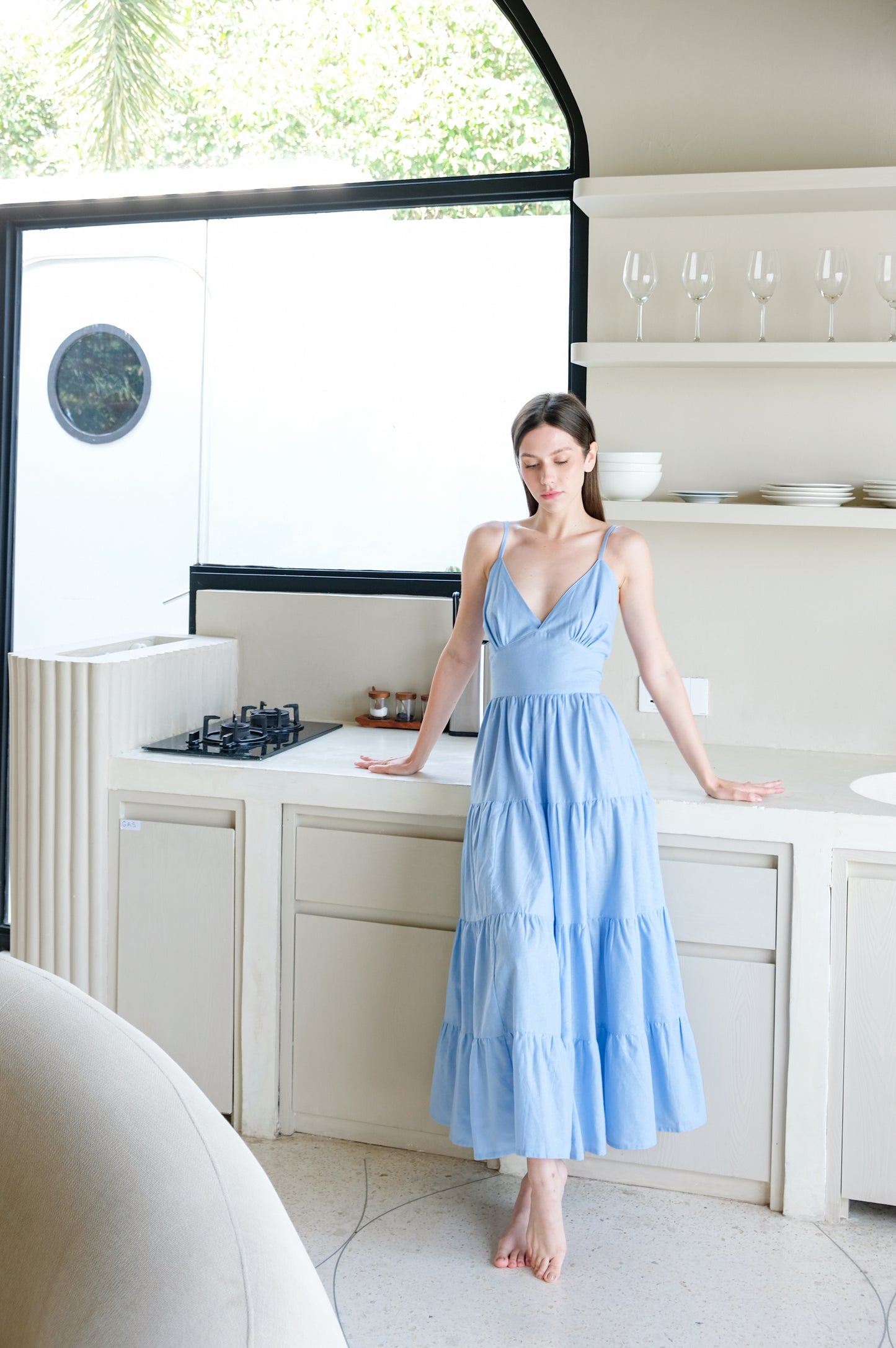 long linen dress in blue colour