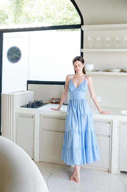 long linen dress in blue colour